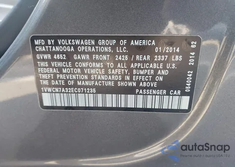 2014 Volkswagen Passat 2.0L Tdi Sel Premium из США, поврежденный, VIN 1VWCN7A32EC071235